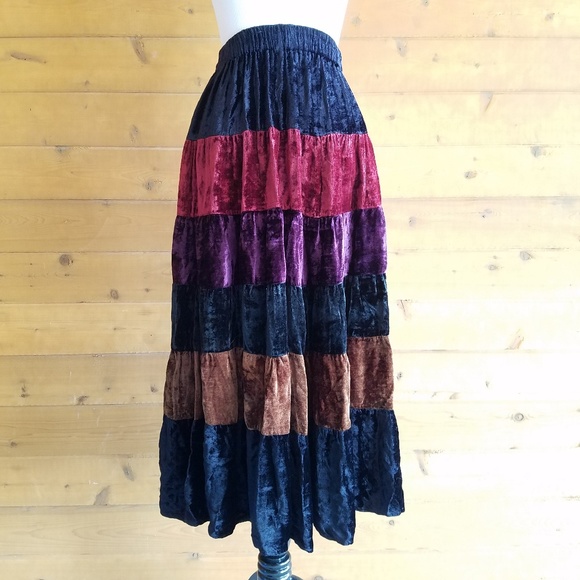 Vintage Dresses & Skirts - Vintage Velvet Tiered Boho Multicolor Maxi Skirt